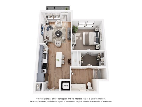 Floor plan for 1 bed, 1 bath, 741 sqft